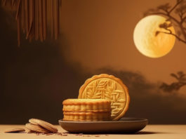 Abstract Still Life Mid Autumn Festival Snack Moon Cake Cream Background With Young Generative Ai