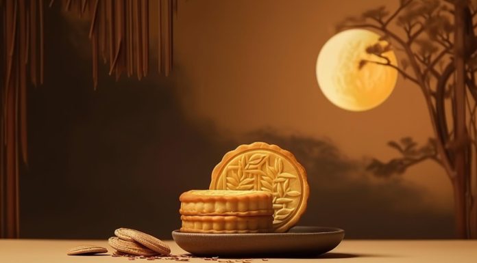Abstract Still Life Mid Autumn Festival Snack Moon Cake Cream Background With Young Generative Ai