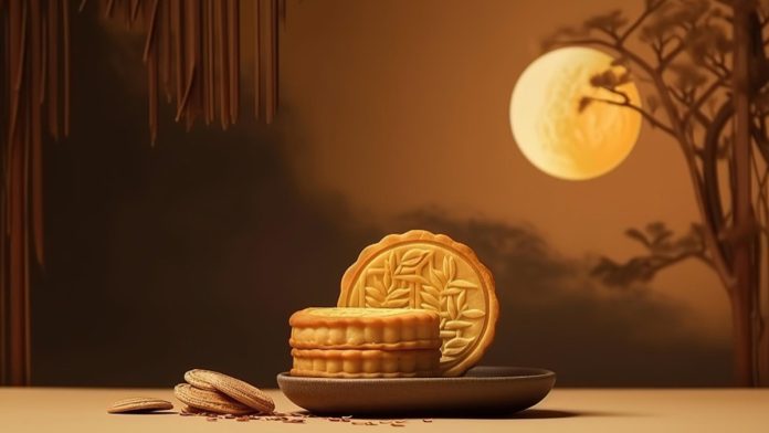 Abstract Still Life Mid Autumn Festival Snack Moon Cake Cream Background With Young Generative Ai