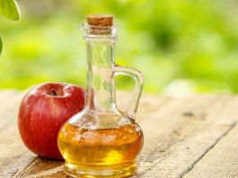 Apple Vinegar Glass Bottle With Cork Fresh Red Apple Old Wooden Boards (1)