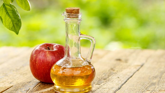 Apple Vinegar Glass Bottle With Cork Fresh Red Apple Old Wooden Boards (1)
