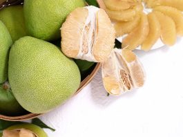 Fresh Pomelo Pummelo Grapefruit Shaddock White Cement Background Bamboo Basket Autumn Seasonal Fruit Top View Flat Lay Tabletop Shot