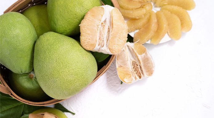 Fresh Pomelo Pummelo Grapefruit Shaddock White Cement Background Bamboo Basket Autumn Seasonal Fruit Top View Flat Lay Tabletop Shot